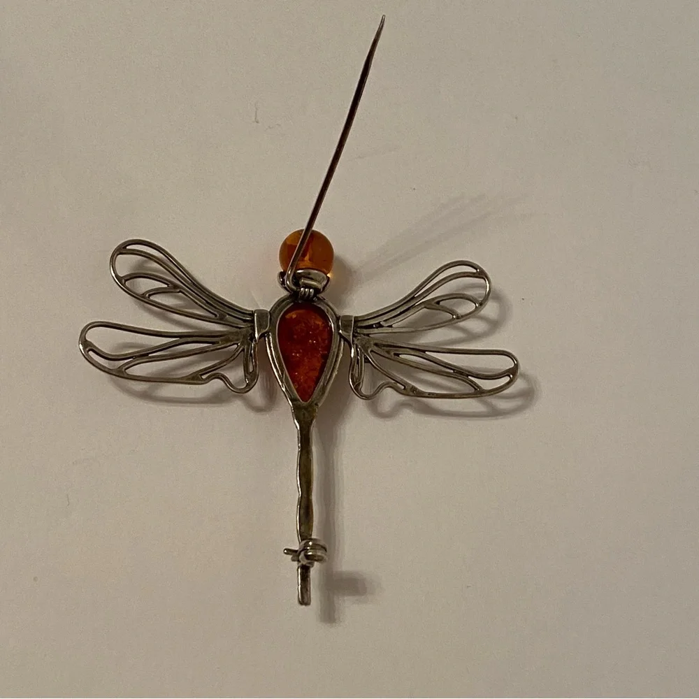 BROOCH PIN AMBER STERLING SILVER 925 DRAGONFLY 8.4 g